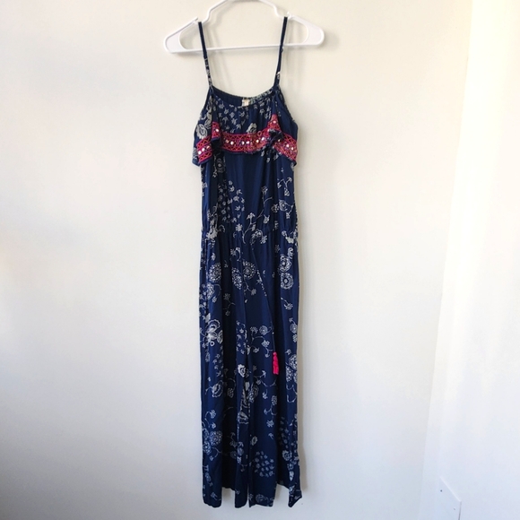 ANTHROPOLOGIE RAGA FRILL TOP BLUE & WHITE FLORAL JUMPSUIT WOMEN'S SIZE M - Picture 2 of 4